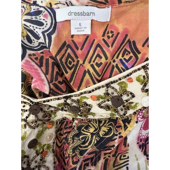 Dressbarn L Pink Floral V-Beads-Button Neckline Pin-Tuck Detail Short Sleeve Top - Picture 6 of 6